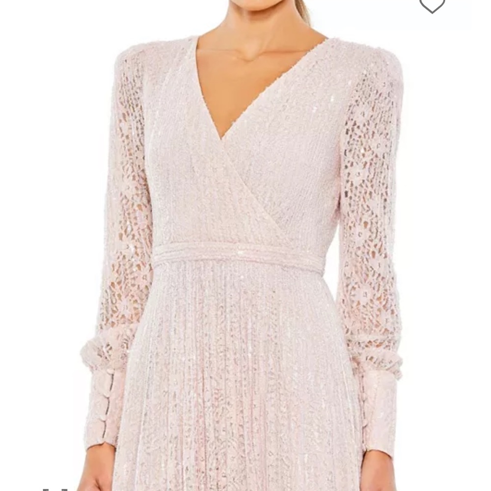 Mac Duggal Blush Lace Long Sleeve Wrap Gown